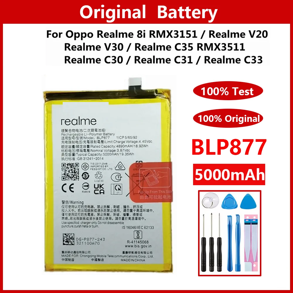 

100% Genuine Original 5000mAh BLP877 Battery For OPPO Realme 8i RMX3151 V20 V30 C35 RMX3511 C30 C31 C33 Batteria + Free Tools