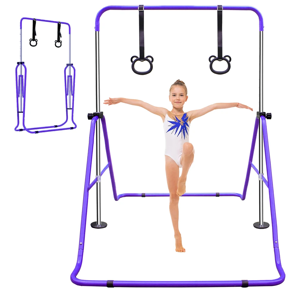 Antislip paarse gymnastiekstang voor kinderen, verstelbare hoogte 88,9-129,54 cm, ruimtebesparende opvouwbare stang voor thuis, buiten, jonge beginnende atleten training