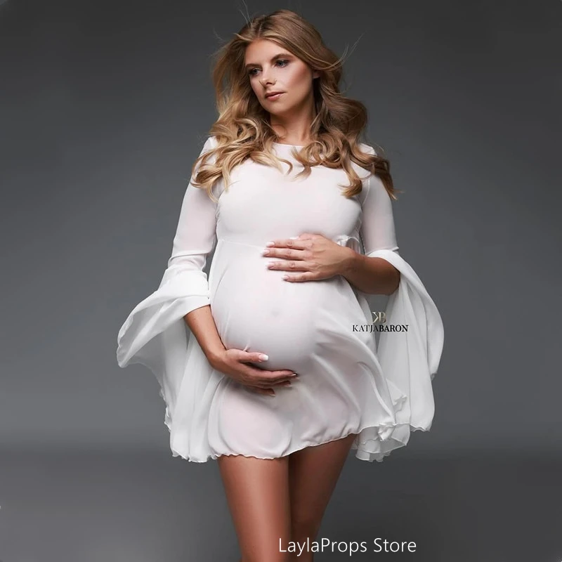 Pregnancy Dresses for Photo Shooting White Chiffon Maternity Photo Shoot Flare Flounce Sleeve See Through Photography Clothes