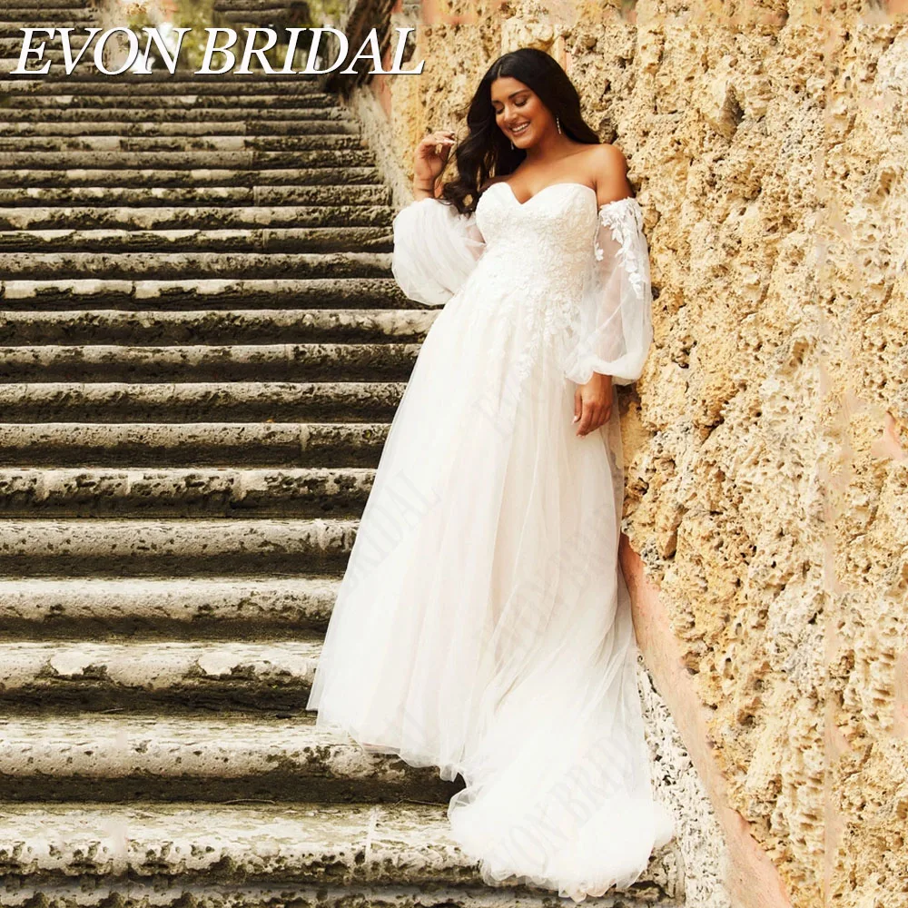 EVON BRIDAL Plus Size Sweetheart Lace Wedding Dress Gowns Detachable Puffy Sleeves Applique A-Line Bridal Dress Vestido De Novia