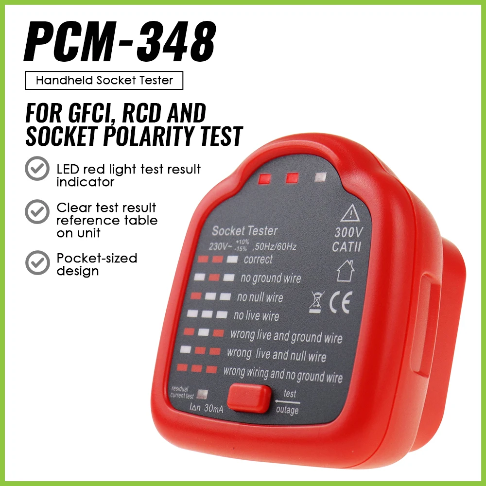 Power Socket Outlet Polarity Detector with LED Light Test Result Indicator Wiring Tool for GFCI RCD Current Standard Outlet