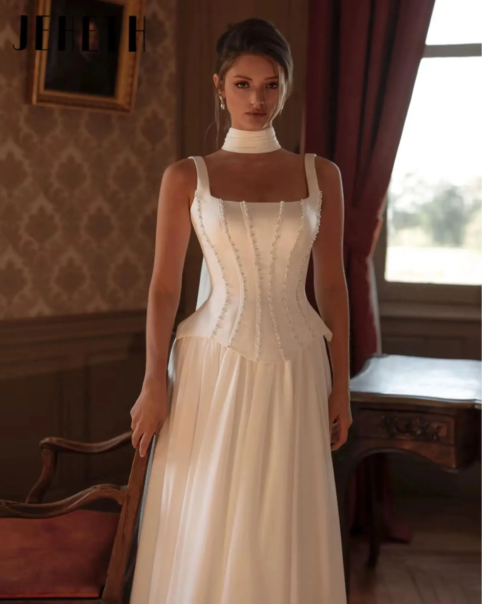 

Charming Beading Preal Square Neck Sleeveless A-line Satin Wedding Dress Elegant Backless Bride Gown With Corset Custome