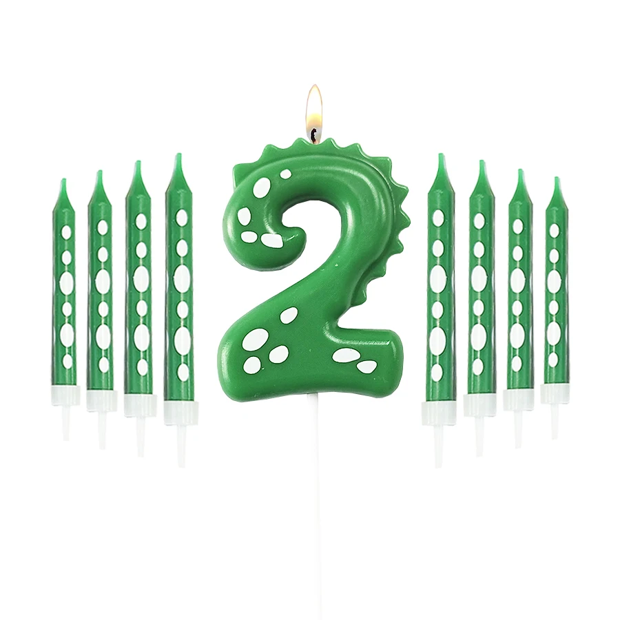 Grüne Dinosaurier-Zahlen 0–9 + 8 Stück grüne Kerzen „Happy Birthday“-Kuchenkerze für Kinder, Prinz, Party, Cartoon-Dinosaurier-Dekoration – Detail 3