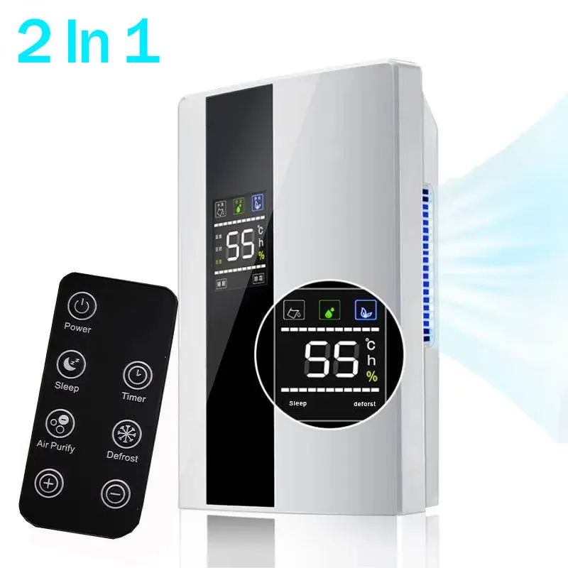 Deshumidificador y Purificador de Aire 2 en 1, Absorbedor de Humedad, Silencioso, para Dormitorio o Sótano, con Control Remoto, Temporizador y Tubo de Drenaje Externo