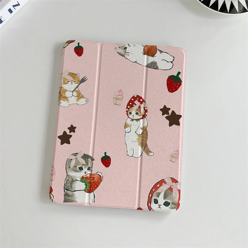Kawaii Strawberry Cat Case For iPad 10 Pro 11 inch Air 2024 iPad Air 5/4 10.9 10.2 9.7 inch 10.5 mini 6/5 Cover with Pen Holder