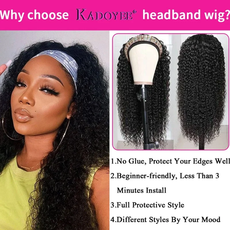 Kadoyee 30inch Kinky Curly Headband Wigs Human Hair Wig with headband Natural Black Color Glueless Curly Headband Wig for Women