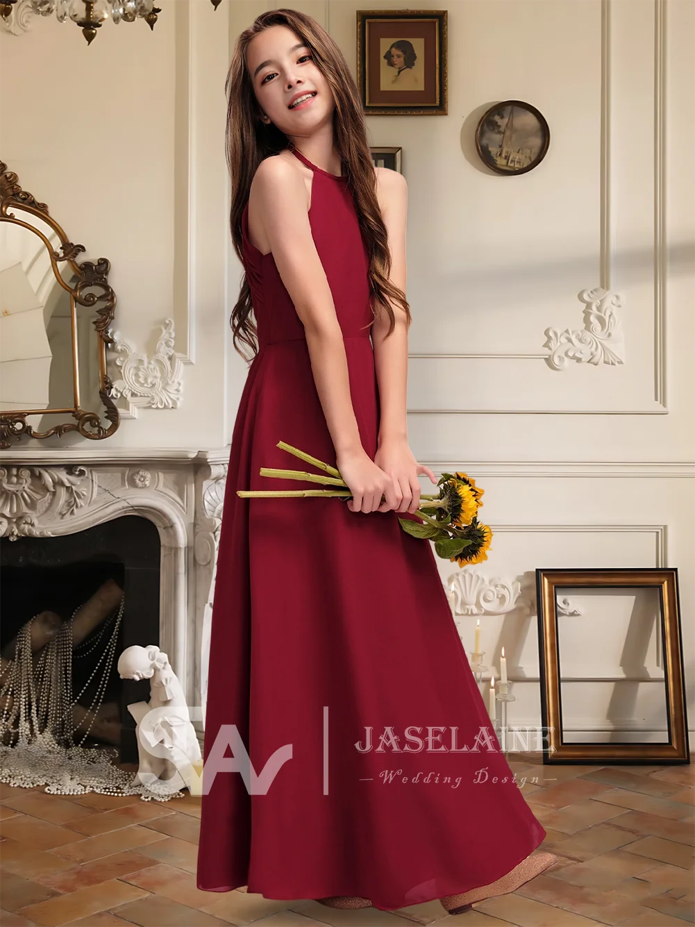 Elegant A-Line Halter Floor-Length Chiffon Junior Bridesmaid Dress Burgundy Flower Girl Dress For Girls Party Wedding Formal