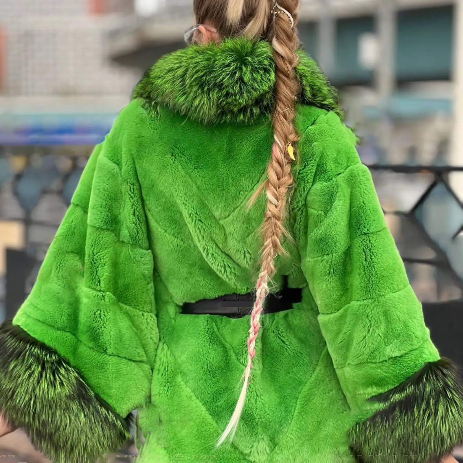 Abrigo de piel de conejo Rex Natural verde a la moda con cuello de solapa de piel de zorro plateado y puño de manga chaqueta de piel de conejo Rex auténtica para mujer