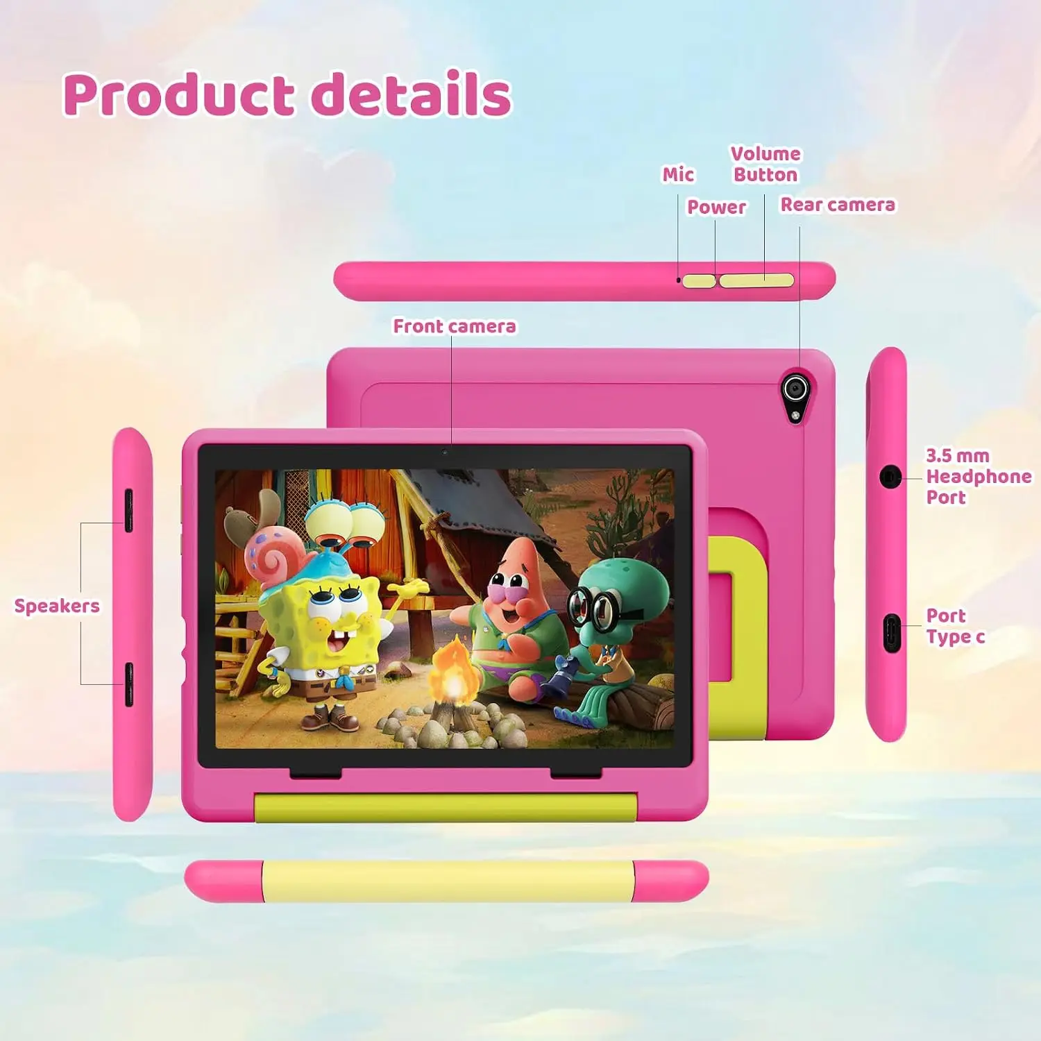 Kids Tablet 10.1 Inch Android 16 Tablet PC 20(3+17)GB RAM 64GB ROM A333 Five‑Core HD LCD Display 5000mAh Children Learning Tablet Only Tablet No Accessories Pink Green