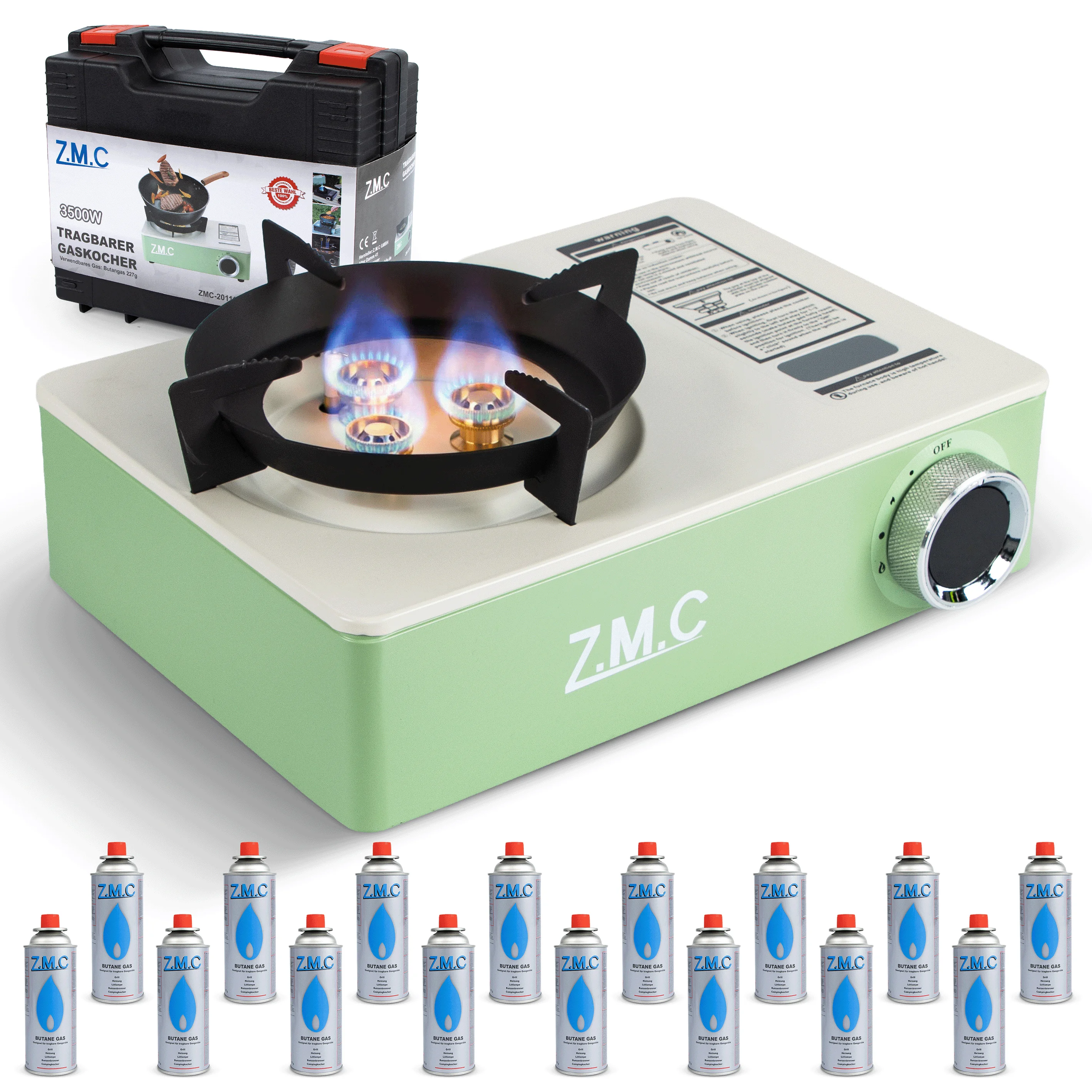 ZMC gasfornuis 3500W 1-vlam piezo-ontsteking 3-pits systeem & transportkoffer - kampeerfornuis voor 227g butaangaspatronen, selecteerbaar |   Buiten kamperen, tuin, balkon, noodvoorbereiding