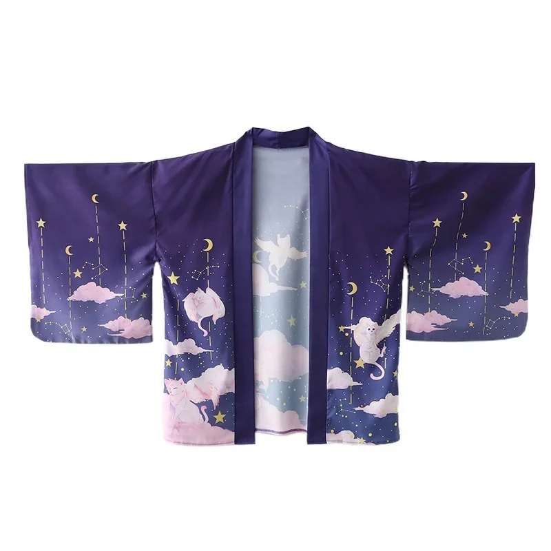 2021 neue Lose Lila Kawaii Katzen Druck Japanischen Streetwear Strickjacke Frauen Männer Harajuku