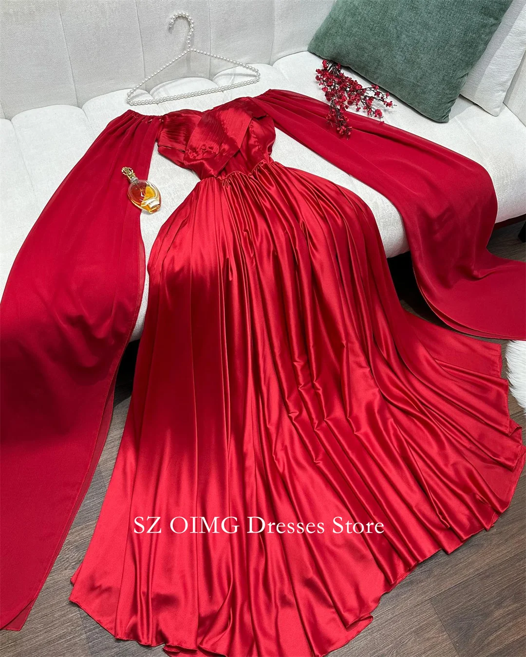 OIMG Dubai Mordern Sweetheart Prom Dresses with Cape Bugundy Silk Satin Dress Women Evening Gowns Formal Fitted Party Dress