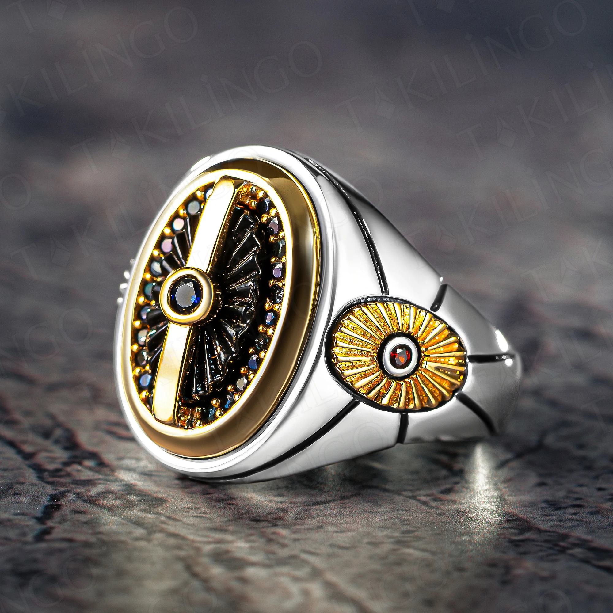 

Solid 925 Sterling Silver Black Zircon Stone Gold Plated Men's Ring Biker Ring Gift For Him