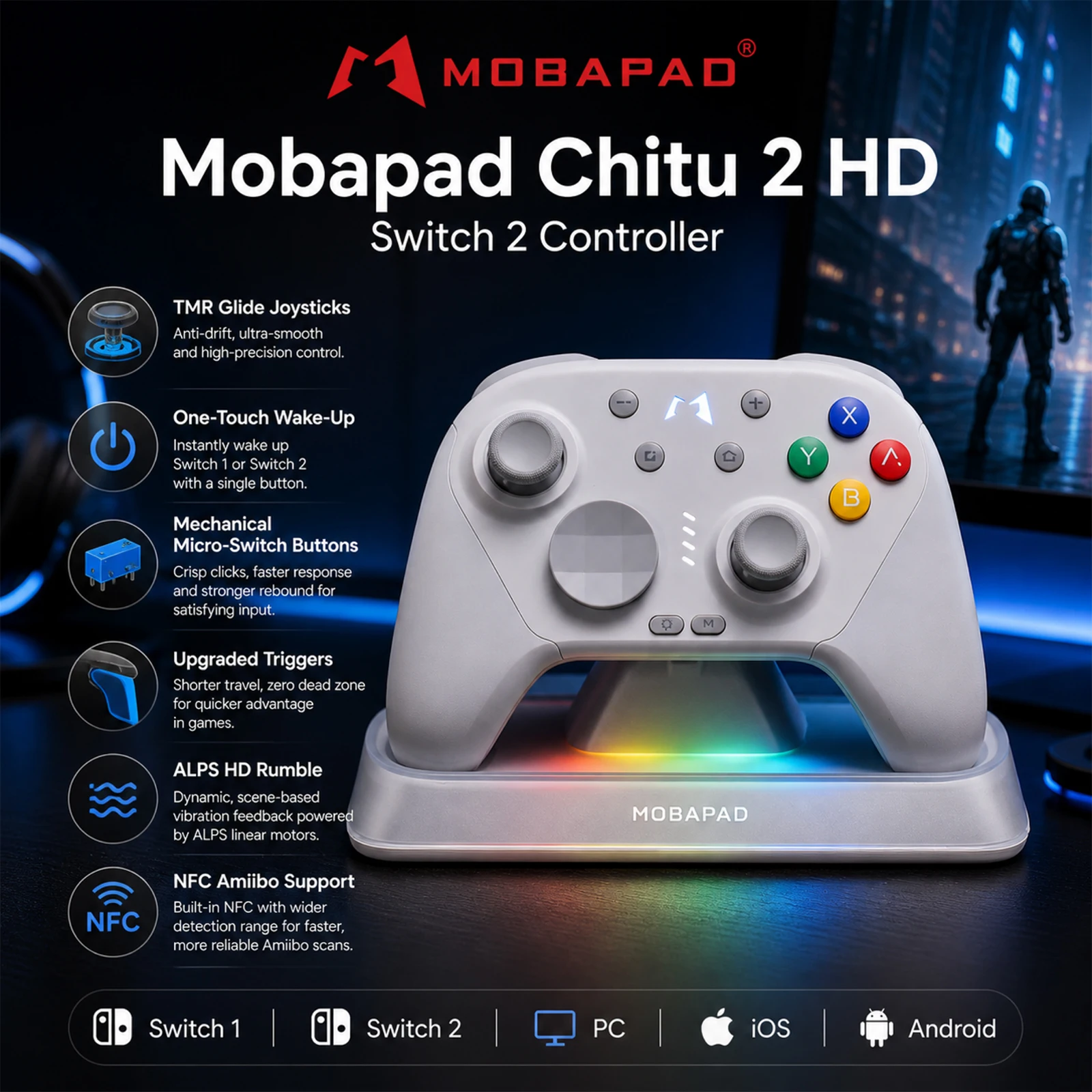 MOBAPAD CHITU 2 HD 기계식 블루투스 컨트롤러 TMR 글라이드 스틱 게임패드 (스위치 1/2, PC, 안드로이드, iOS 호환) 충전 도크 (옵션)