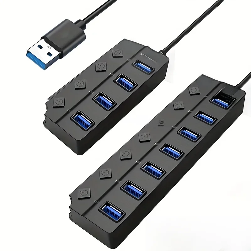 USB 3.0 Hub com Indicador LED, Controle de Interruptor Independente para Laptop, Flash Drive, Disco