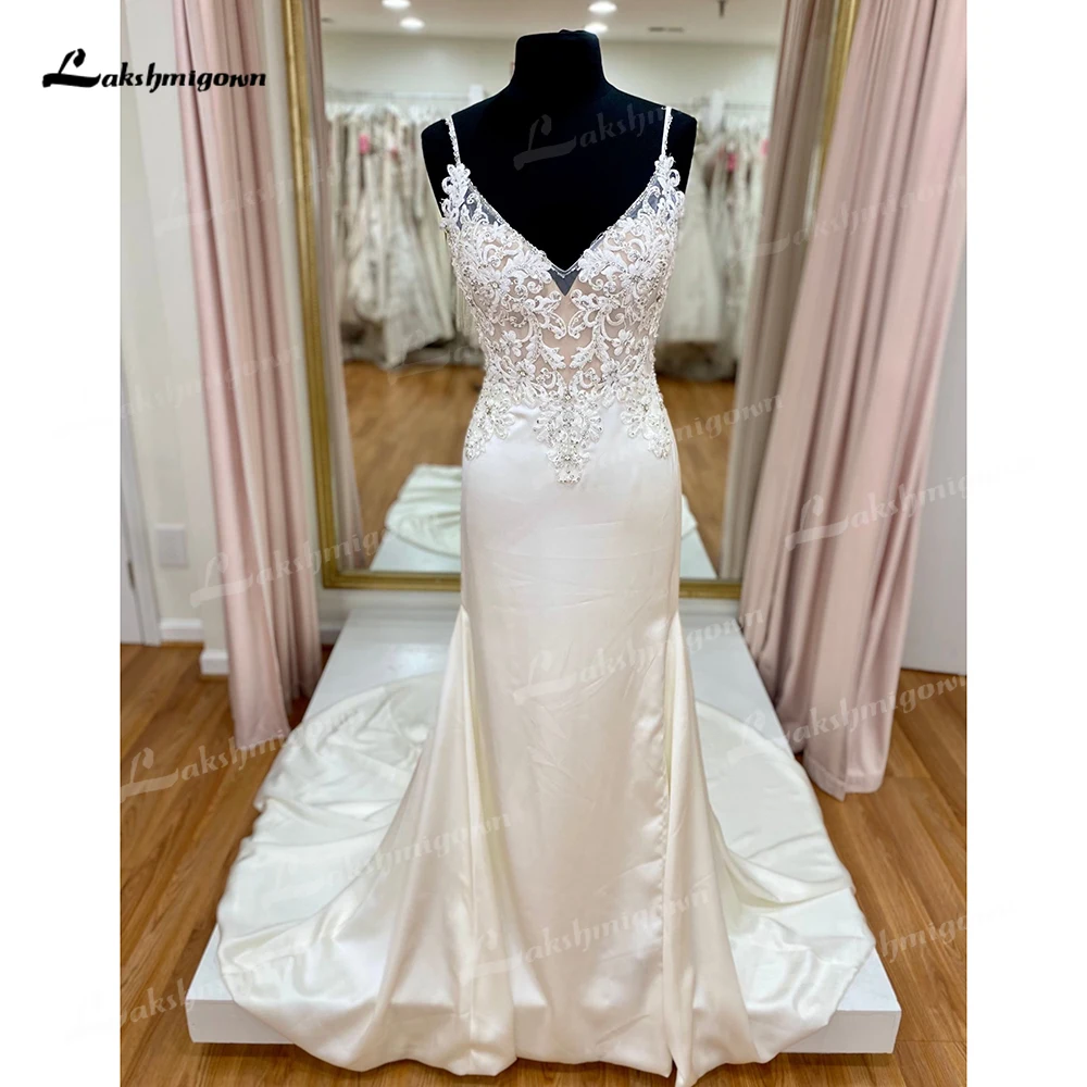 Sexy V Neck Spaghetti Straps Open Back Button Lace Top Mermaid Wedding Dress For Women Boho Bridal Gowns Sweep Robe De Mariée