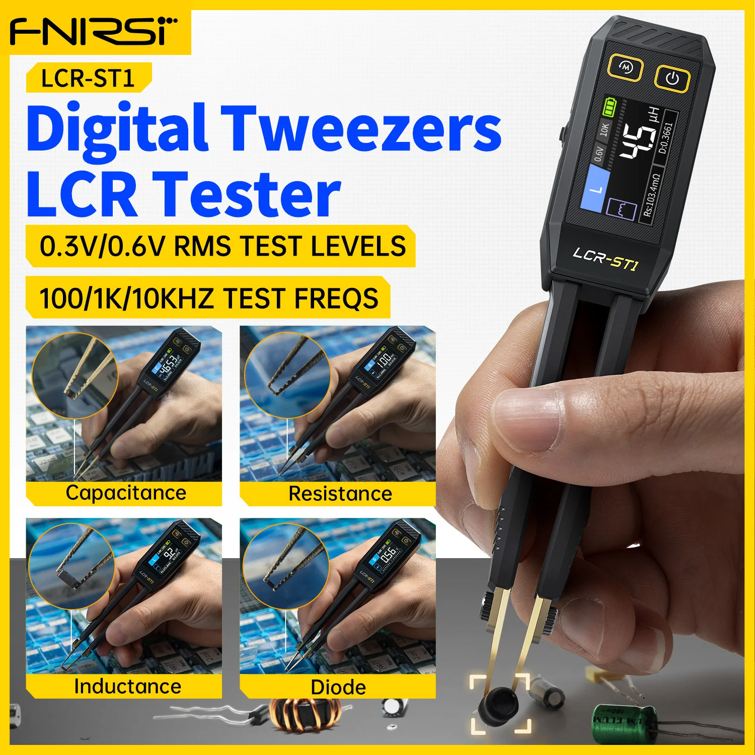 FNIRSI LCR-ST1 Mini Smart Tweezer LCR SMD ESR Tester Resistance Capacitance Inductance Continuity Diode Test Measurement Tools