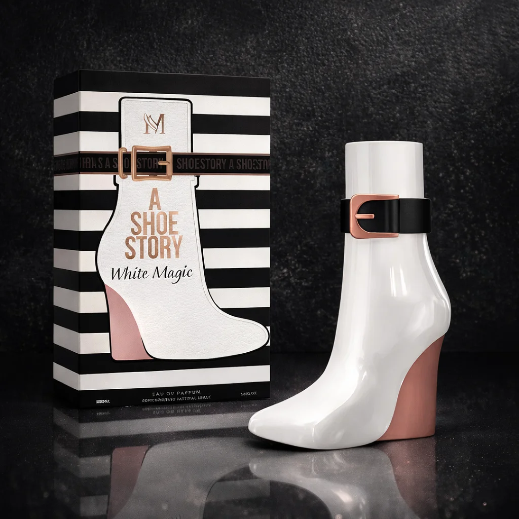 Une histoire de chaussures White Magic 100ml - Montage Brands. Parfum pour femmes Eau de Parfum de la famille florale blanche avec des notes de jasmin, de fleur d'oranger, de vanille douce et de musc doux.