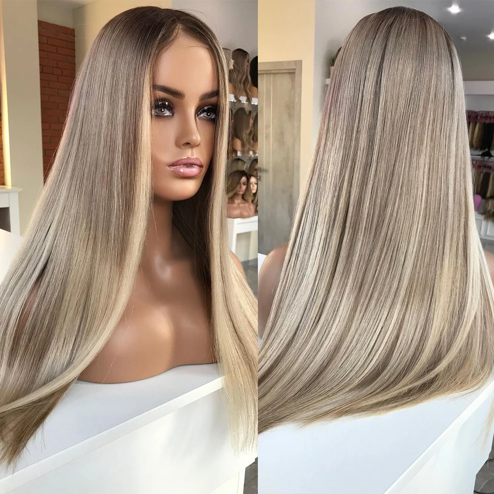 

Highlight Wig Ashy Blonde Full Lace Wigs Dark Roots Virgin Human Hair HD 13x6 Lace Front Wig Ombre Straight Wigs for Women 150%