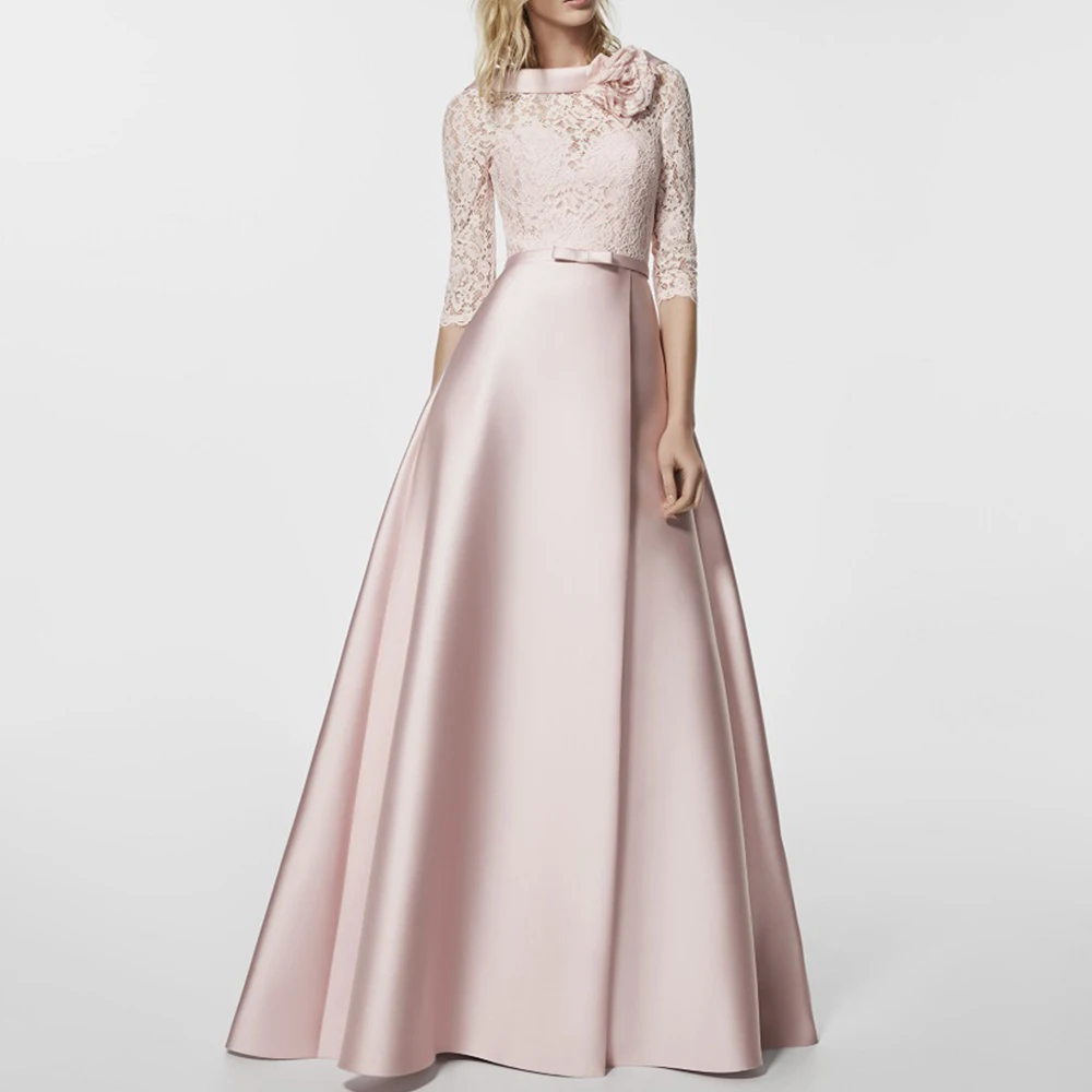 Pink Lace Mother Of The Bride Dresses High Neck 3/4 Sleeves Wedding Party Gowns Flower Floor-Length A-line Satin فساتين السهرة