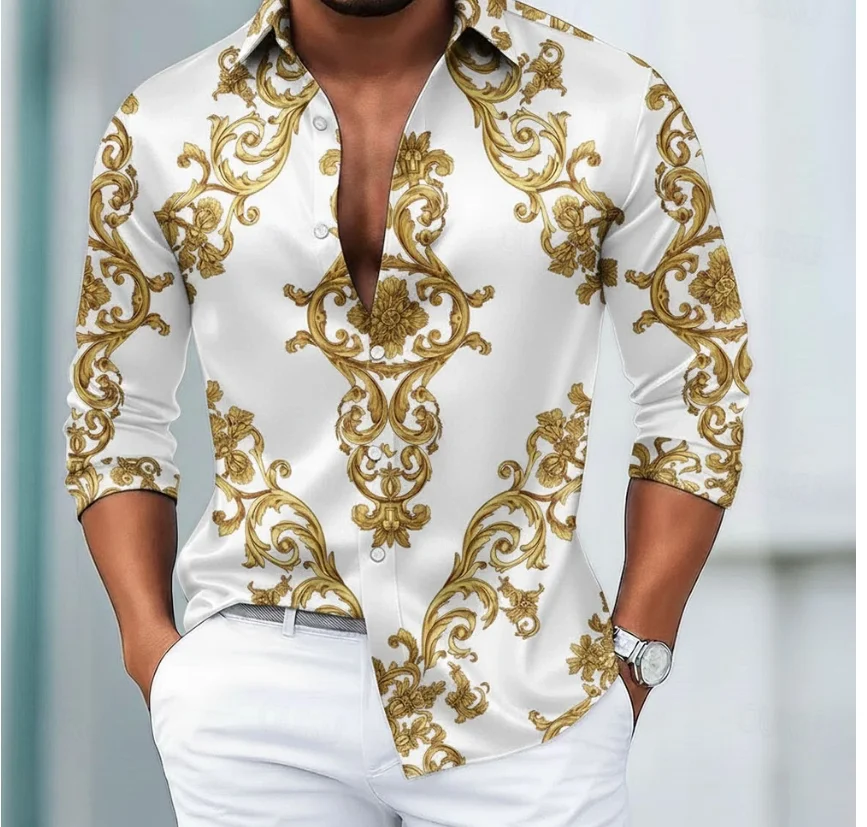 Kemeja satin pria motif bunga barok retro untuk liburan, pemakaian sehari-hari, musim semi, musim panas, musim gugur, kerah lapel, kemeja kancing cetak 3D