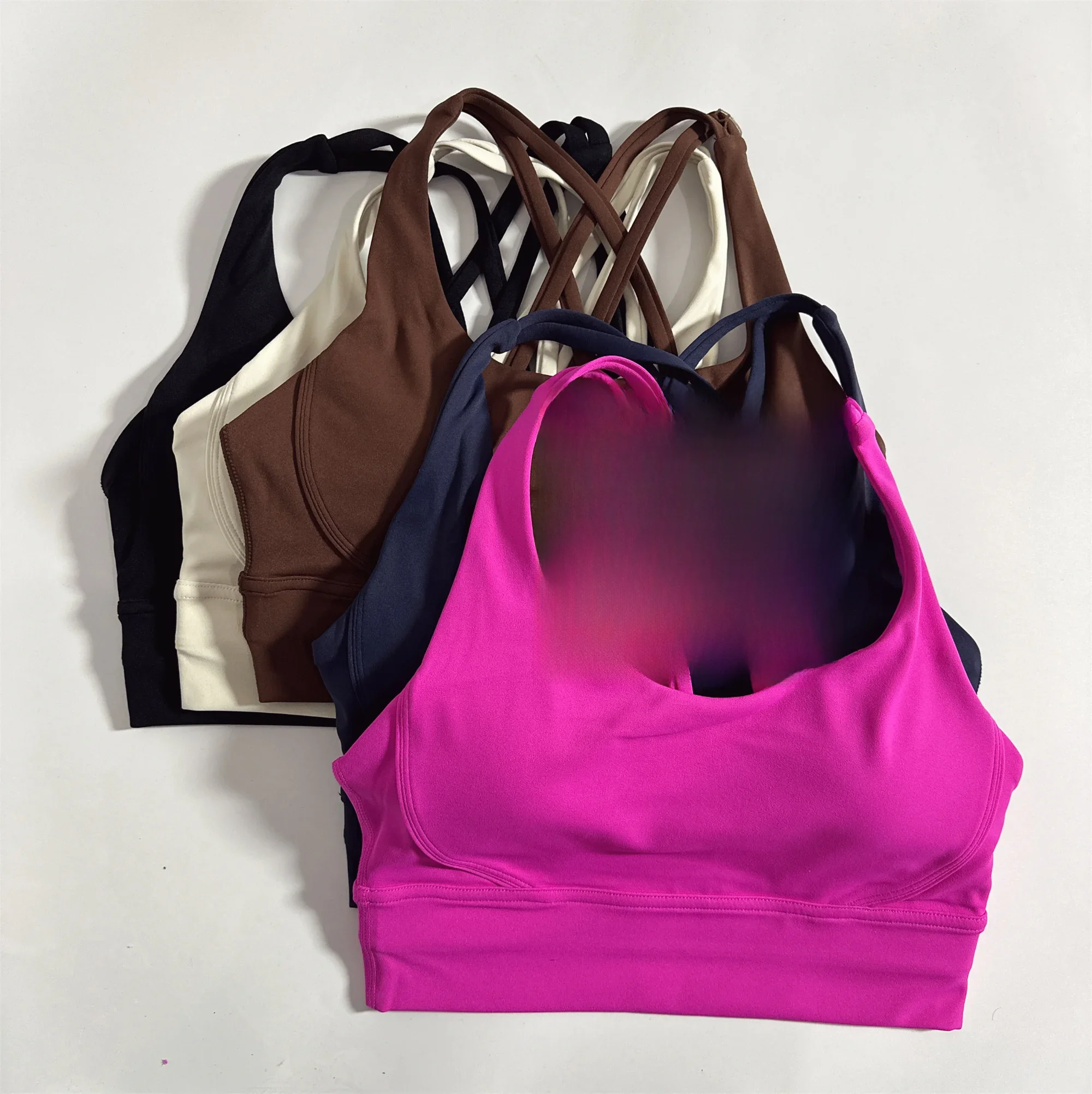 Effen kleur Zachte gekruiste rug Dames Fitness BH Panty Yoga Vest Hoge sterkte Schokbestendig Gym Sport Top Push Up met borstkussen - afbeelding 2