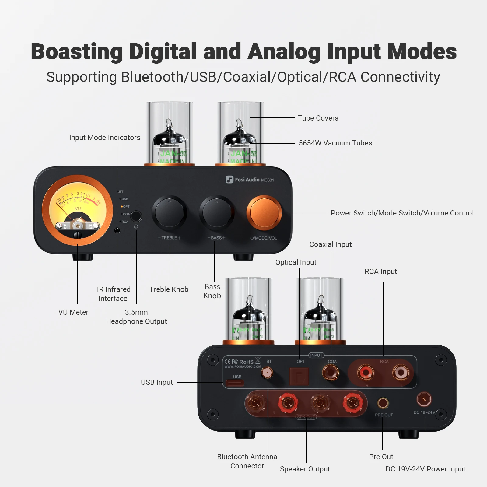 Fosi Audio MC331 2.0 Channel Bluetooth Stereo Integrated Tube Amplifier, Mini All-in-One DAC Audio Power Amp for Passive Speaker