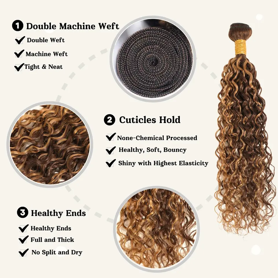 Paquete de cabello ondulado profundo con reflejos rubio miel, de 22 pulgadas, P4/27 ombre, mojado y ondulado, color marrón con reflejos 2