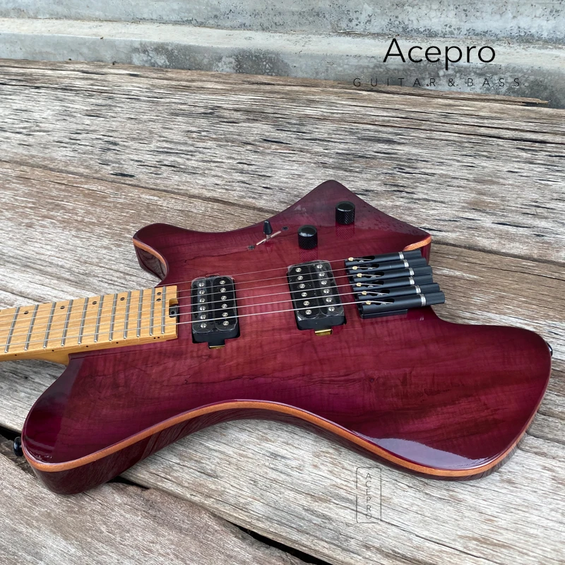 Acepro Headless Electric Guitar,  Gloss Purple Koa Top, 24F Stainless Steel Frets, Roasted Maple Neck, Black Hardware, Guitarra