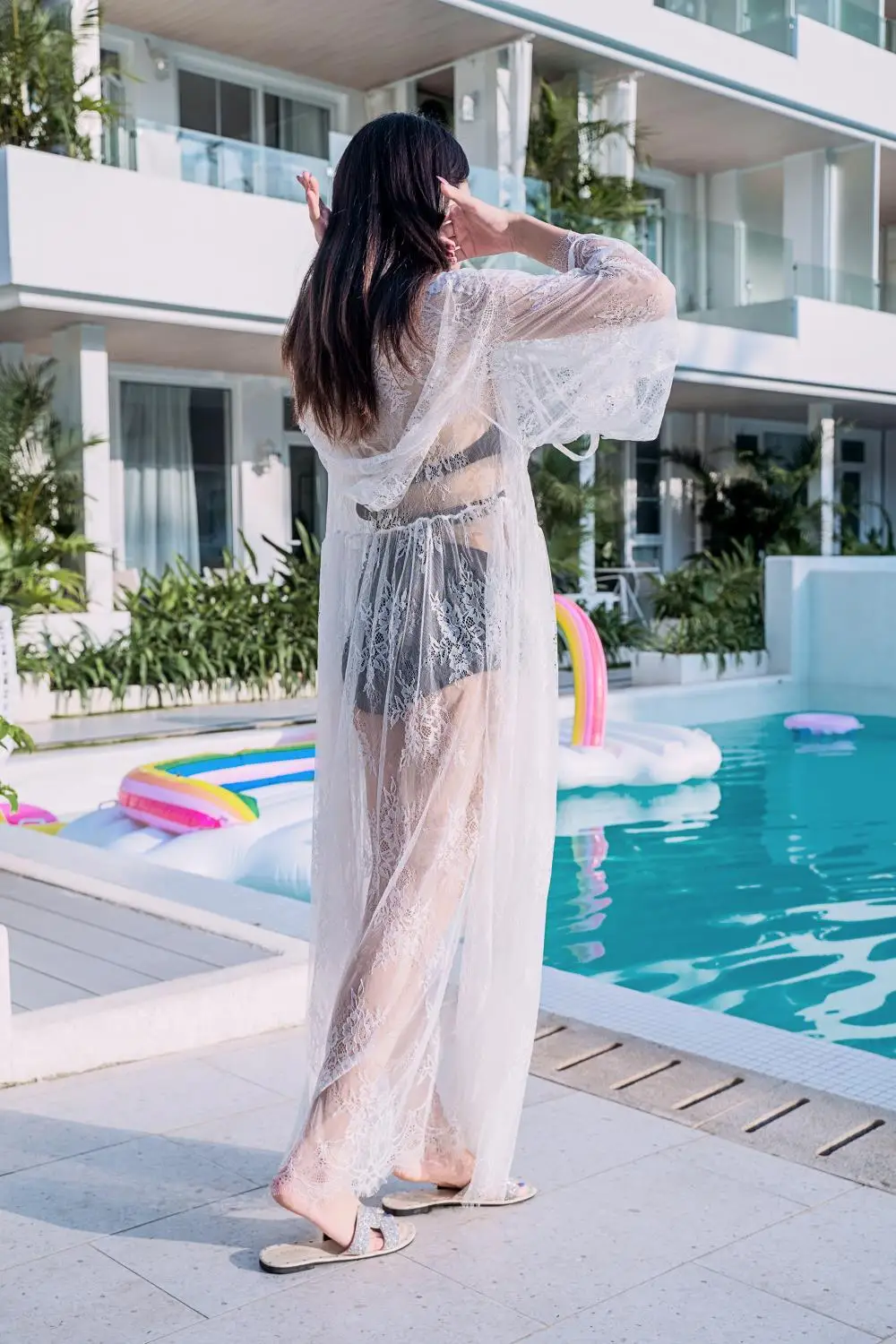 Kapuze transparente Spitze Strand vertuschen lange Strickjacke Frauen Bade bekleidung Strand kleid Kaftan Badeanzug Vertuschungen Badeanzug Beach wear Tunika