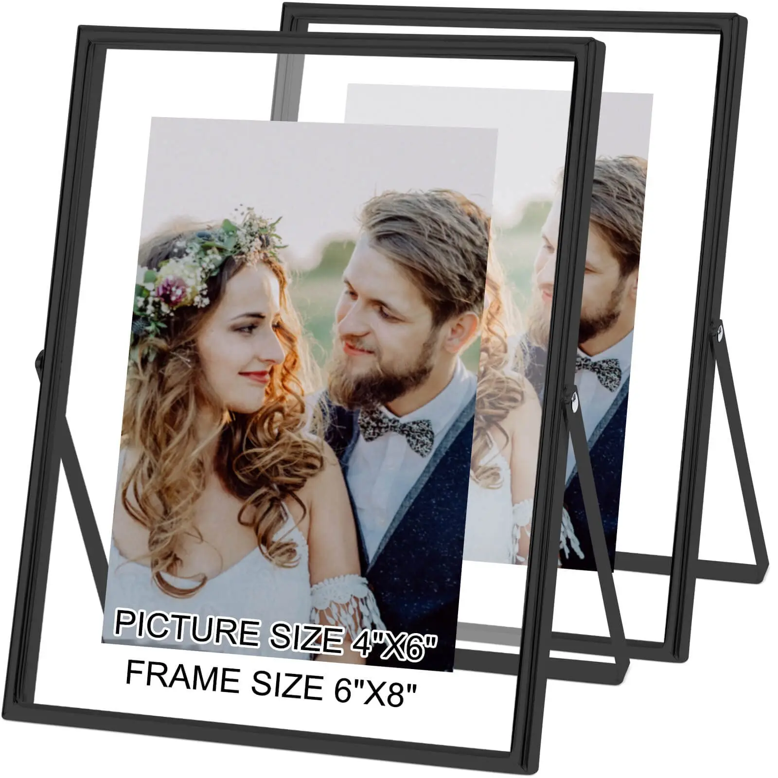 4x6 Black Floating Picture Frame set of 2, Gift Metal Glass Photo Frames, Only for Tabletop Display Vertically (Black, 4x6)