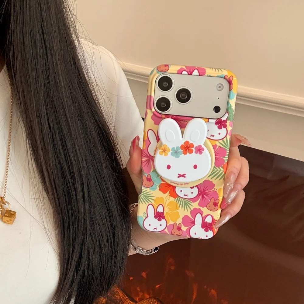Cute Summer Cartoon Flower Rabbit Magnetic Phone Case For iPhone 17 Pro 15 16 17 Pro Max 15 Pro Cover Kawaii With Magsafe Holder