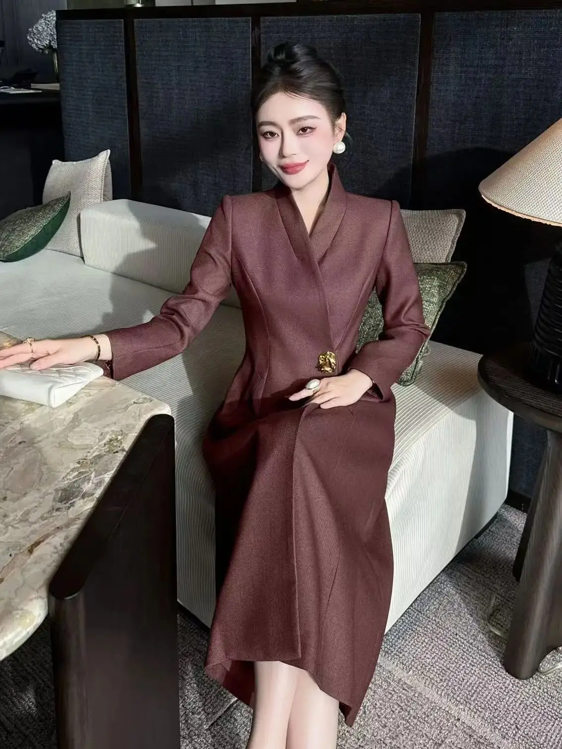High-end elegant office business style waist buckle wool blend trench coat