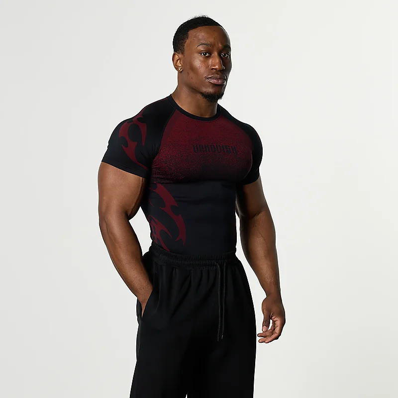 Herren Flammen-Farbverlauf Kompressions-Gym-T-Shirt Schnelltrocknend Atmungsaktiv Hochelastisch Slim Fit Athletisches Lauf- und Trainings-Sportshirt – Detail 5