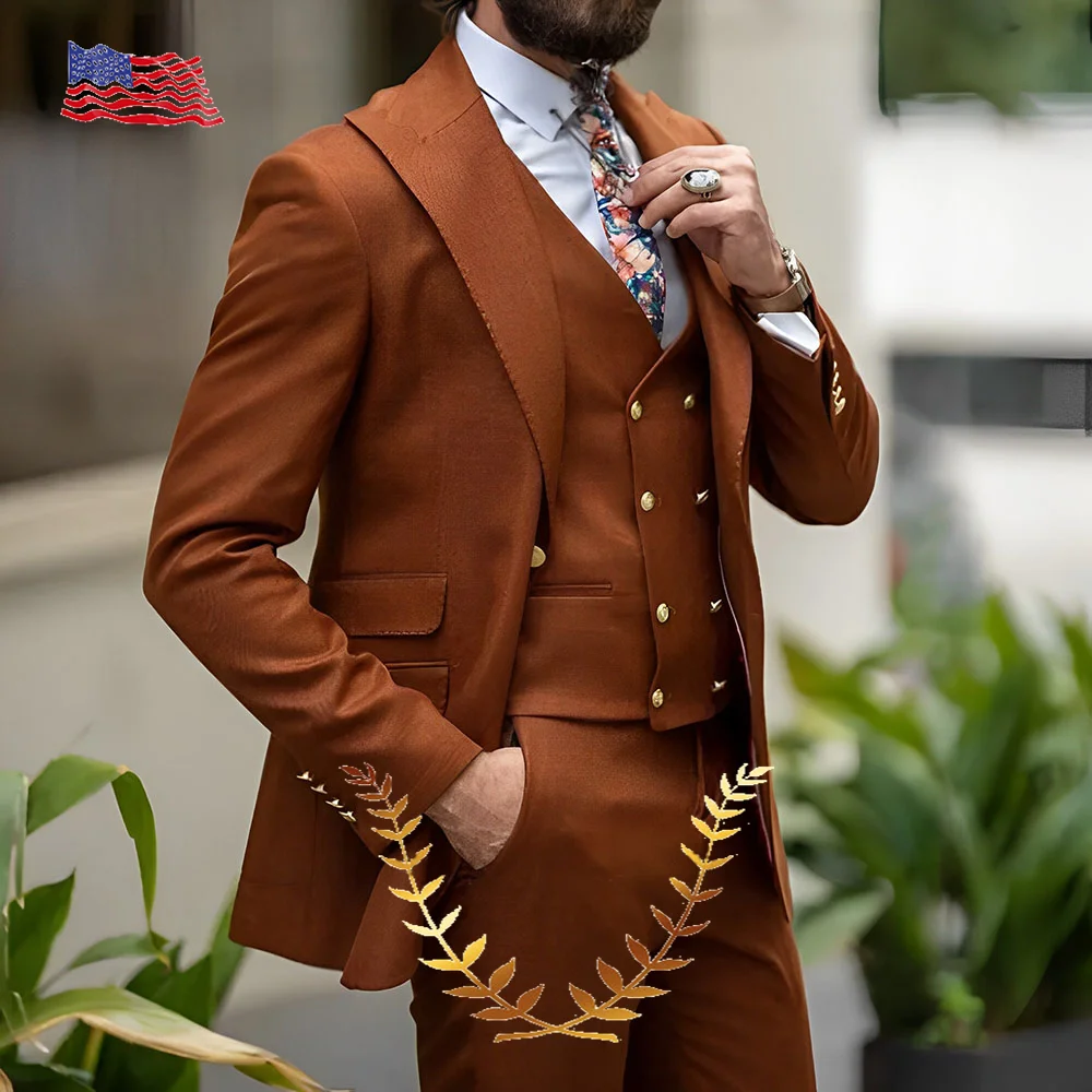 Brown Formal Men\'s Suits For Wedding Party Custom Made Blazer Sets Bridegroom 3-Piece Jacket+Pants+Vest Costume Homme