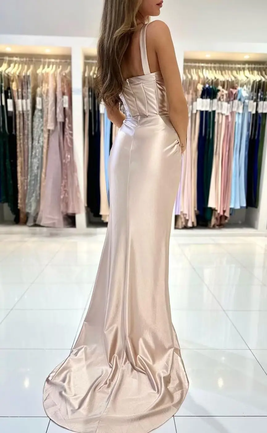 Sexy Satin Long Prom Dresses for Women 2024 with High Slit Mermaid Pleated V Neck Fishbone Formal Dress Fishbone Design Party