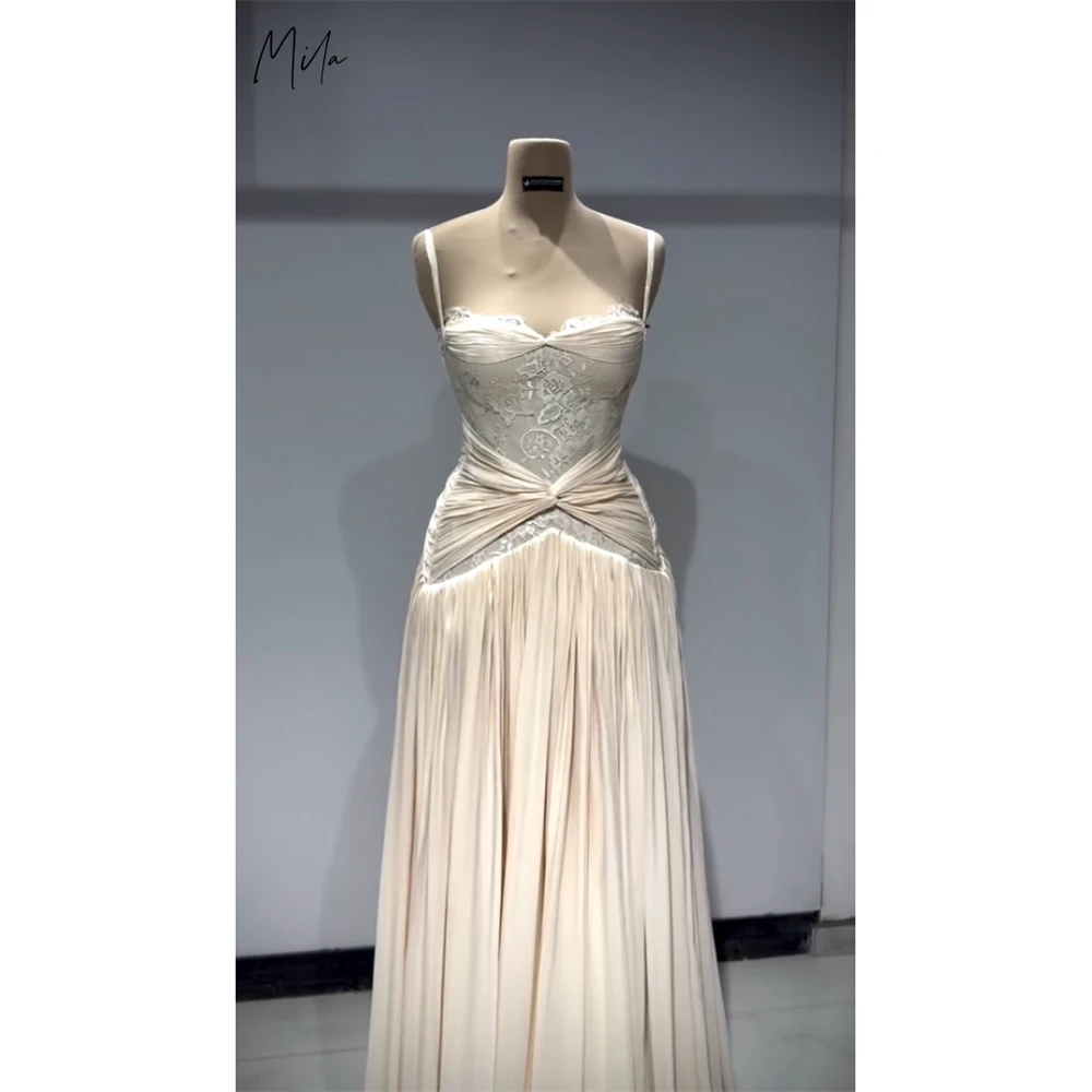 Mila Customized White Pleated A-line Lace Prom Dresses Spaghetti Strap Sleeveless Vestidos De Noche Floor-Length Formal Evening