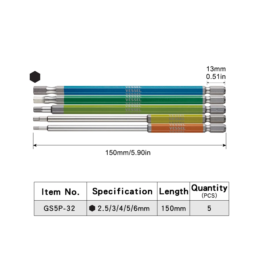 VESSEL GS5P Series Screwdriver Bit Set 5Pcs Single End Hex Bits Strong Magnetic Bits 62HRC Construction Screwdriver Bits