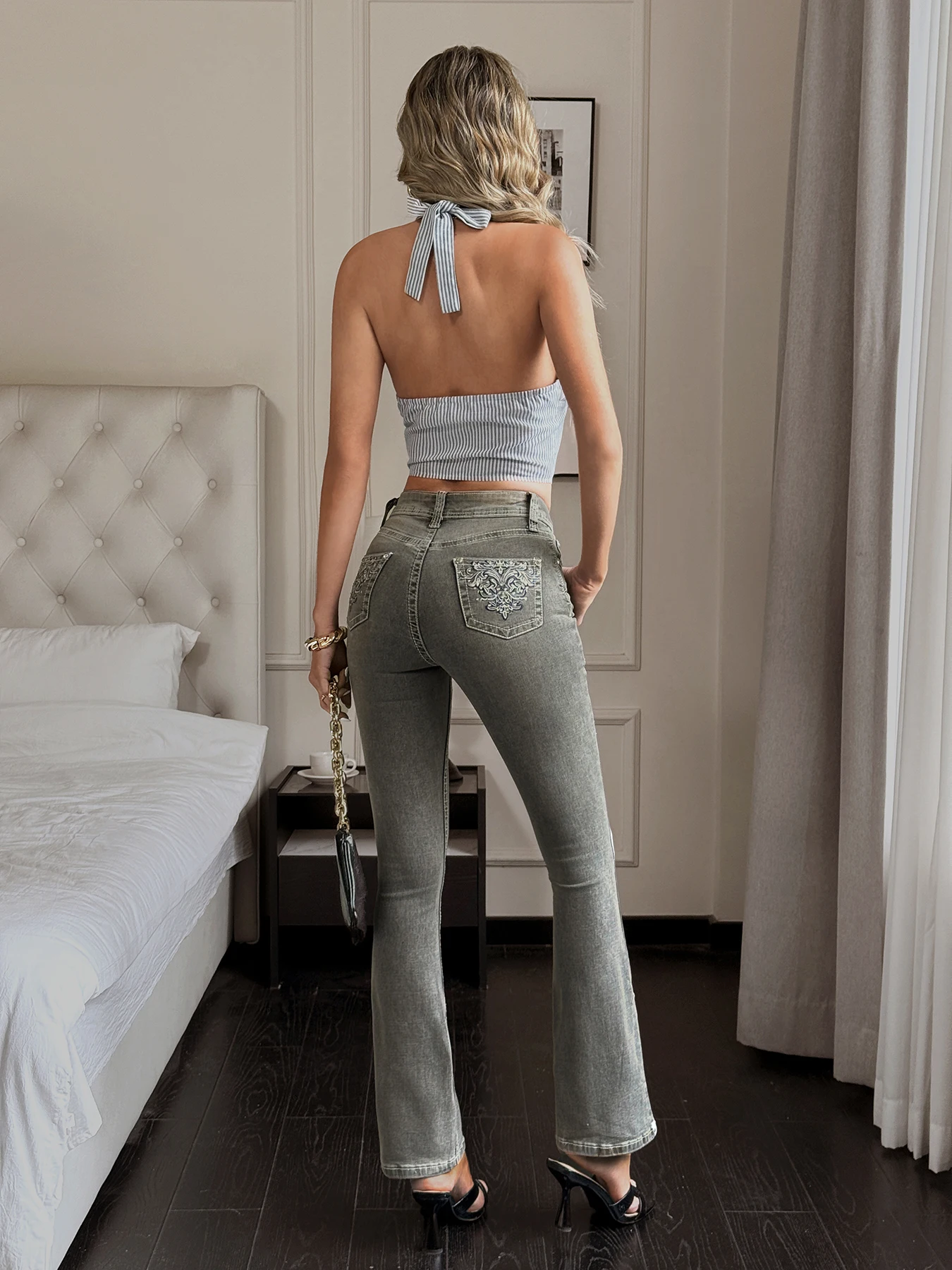 

Ladies High Rise Slim Flared Jeans Retro Stretchy Comfortable Breathable Embroidered Casual Street Fashion Chic Denim Pants