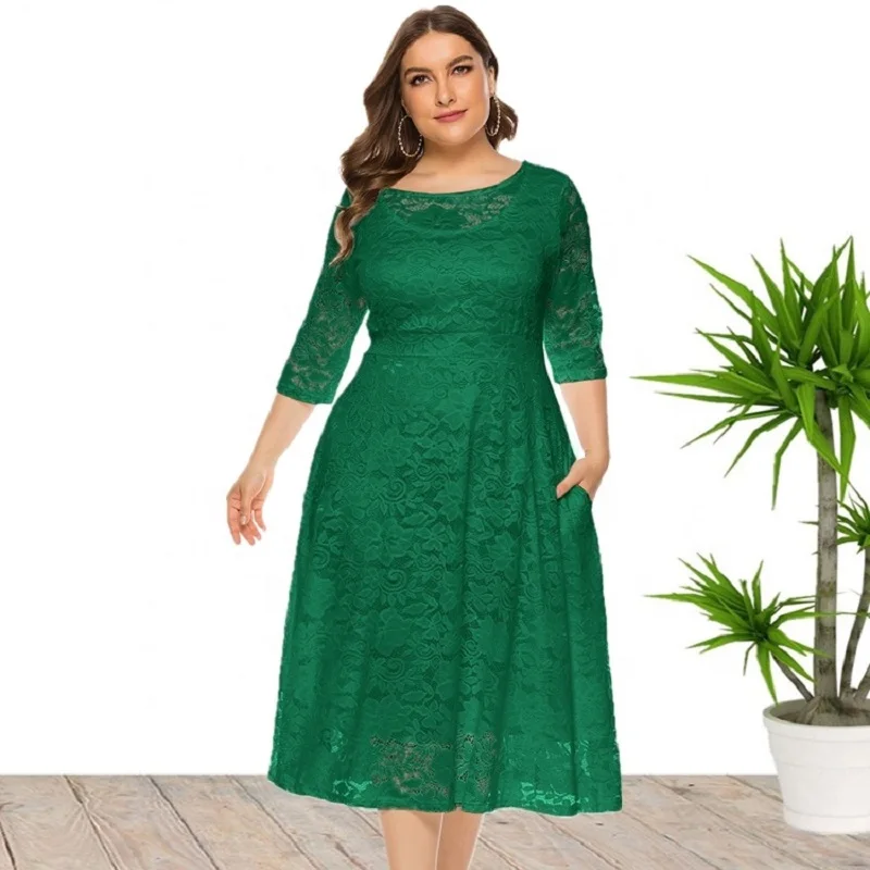 High Quality 8XL Plus Size Party Evening Bridesmaid Lace Dresses For Women With Pockets