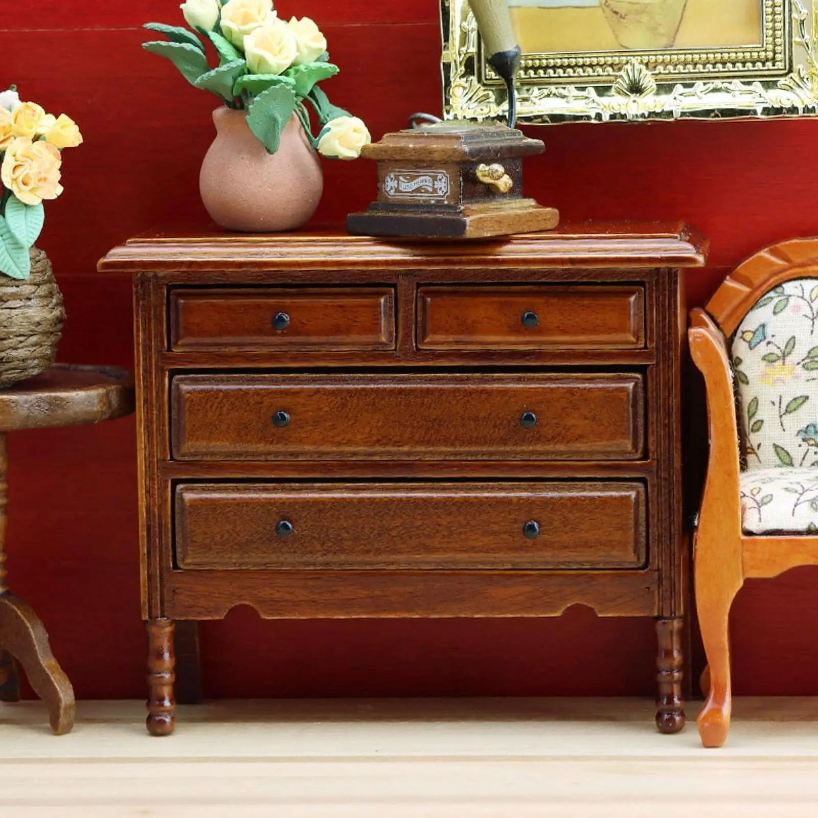 

1/12 Scale Mini Dollhouse Furniture Miniature Birthday Gift Photo Props Wooden Bedroom Decor 4 Drawer Dresser Furniture Model