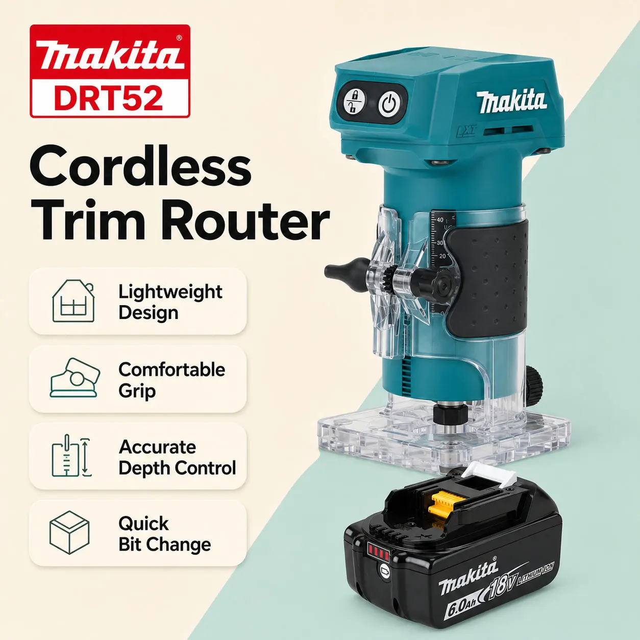 Routeur compact sans fil Makita DRT52 DRT52Z compatible avec les batteries lithium 18V LXT, conçu pour des travaux de finition de bordures multi-tâches de précision et des travaux de rainurage constants.