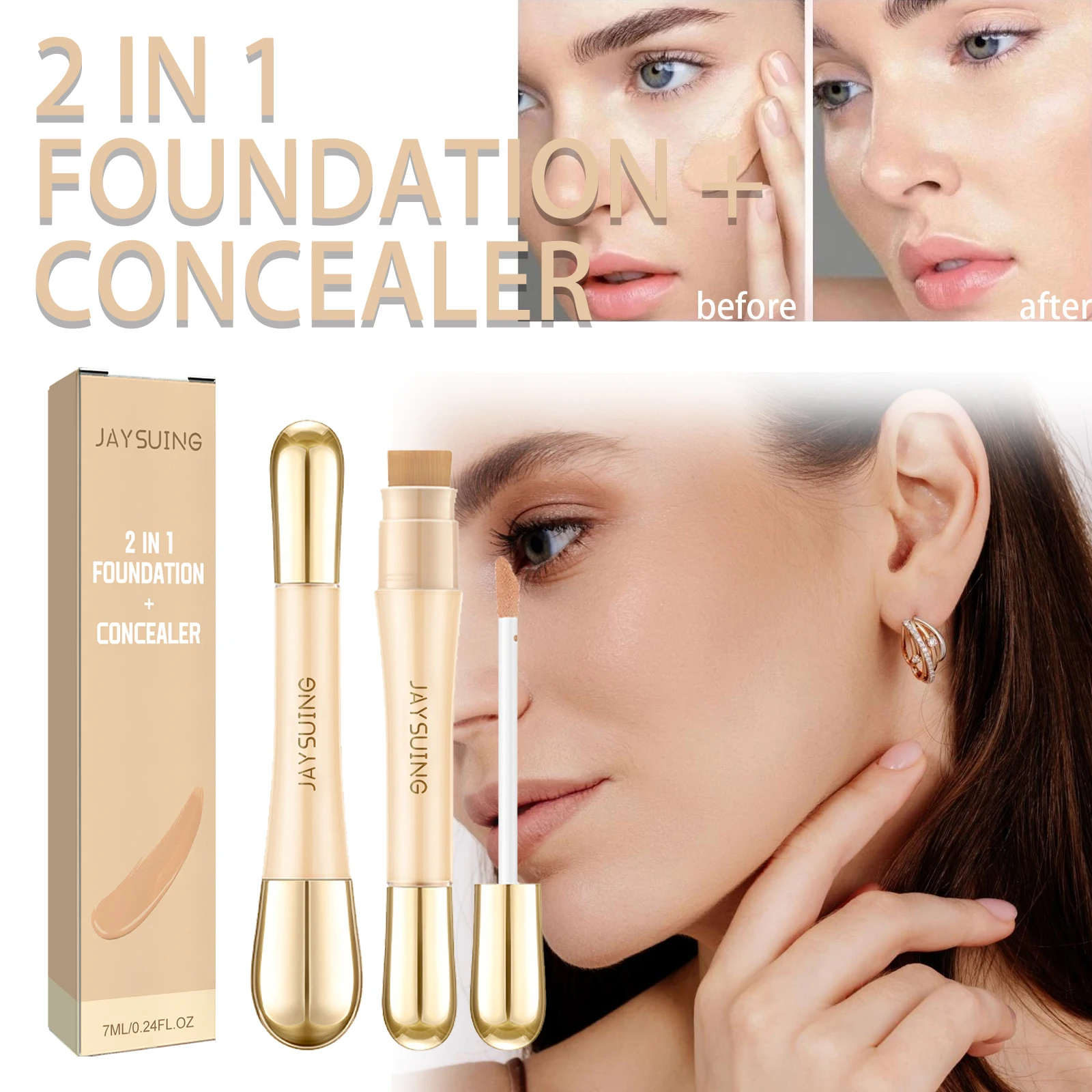 Jaysuing Double Head Concealer Cover Dark Eyes Circle Invisible Pores Sweatproof Remove Spots Lasting Foundation Face Makeup