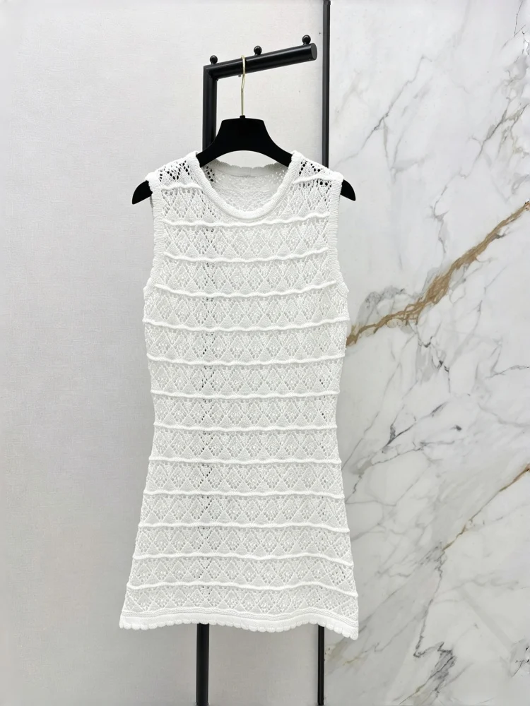 

Spring/Summer Women's Wool Yarn Skirt Dress Fungus Lace Round Neck Solid Color Slim Fit Hollow Vest Short Dress
