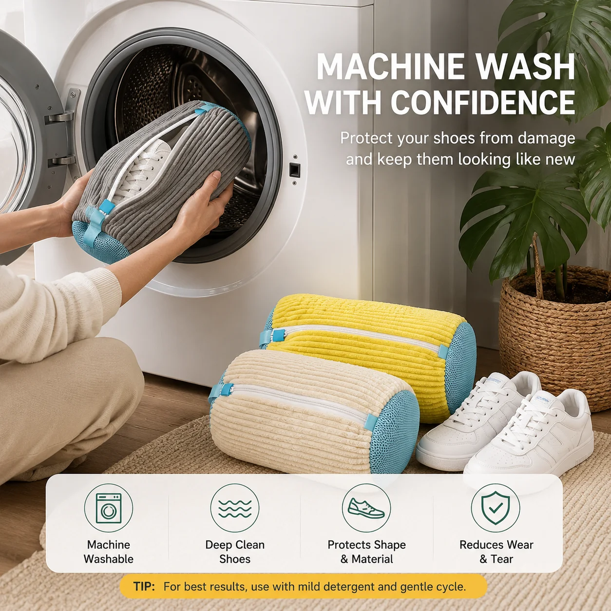 2Pcs Shoe Washing Bag Chenille Sneaker Laundry Bag with Zipper Machine Wash Shoe Protection Bag for Sneakers Sports Shoes Washing Machine Cleaner Tool Home Laundry