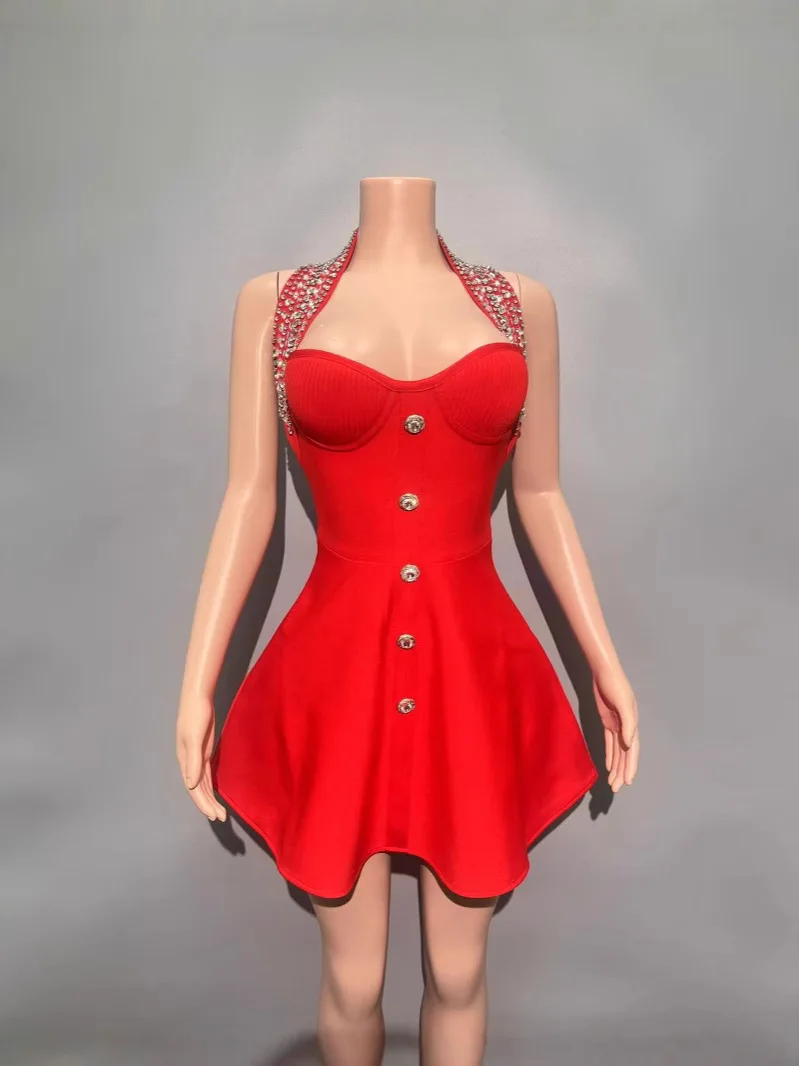 

Summer women's red sexy hanging neck slim fit waist nail bead backless A-line bandage dress fashion club party dress