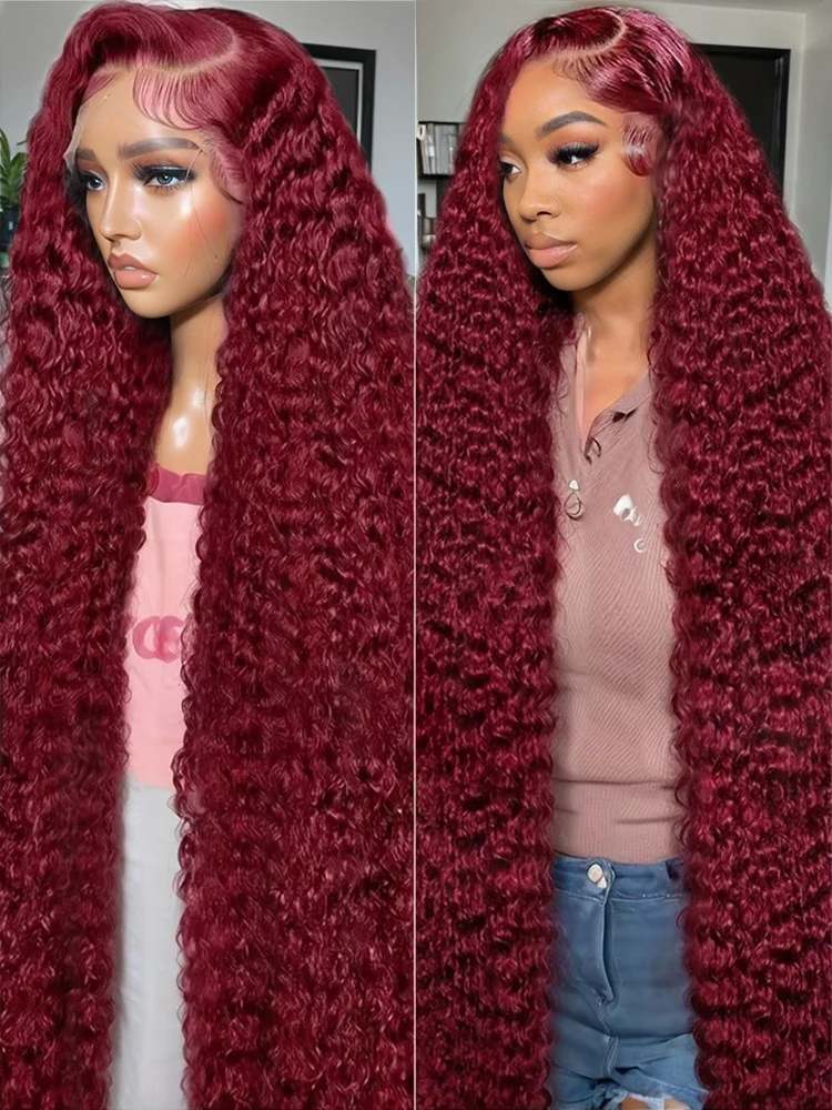 

250 Density Deep Wave 99J Burgundy 13x6 HD Lace Frontal Wigs Human Hair Curly 30 40 Inch 13x4 Lace Front Wigs Red Water Wave Wig