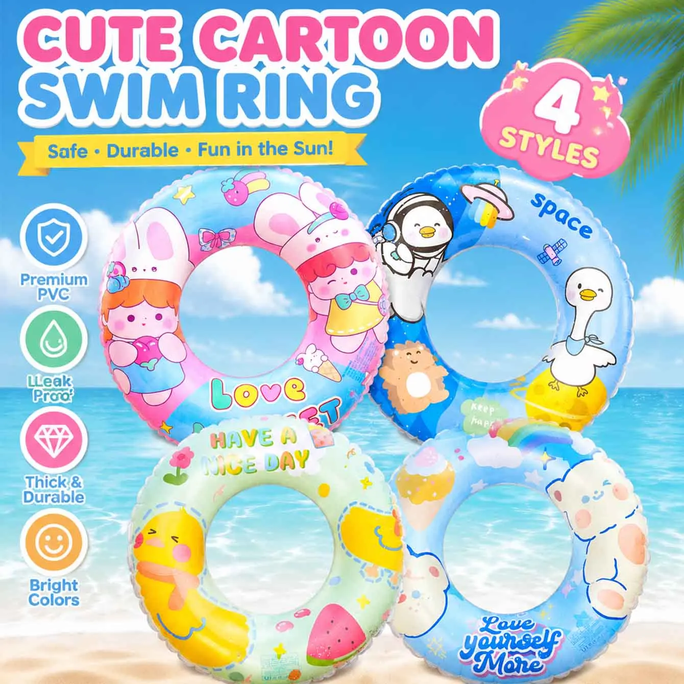 

1PC Cute Cartoon Swim Ring PVC Inflatable Pool Float Summer Beach Swimming Ring Water Toy 4 Styles