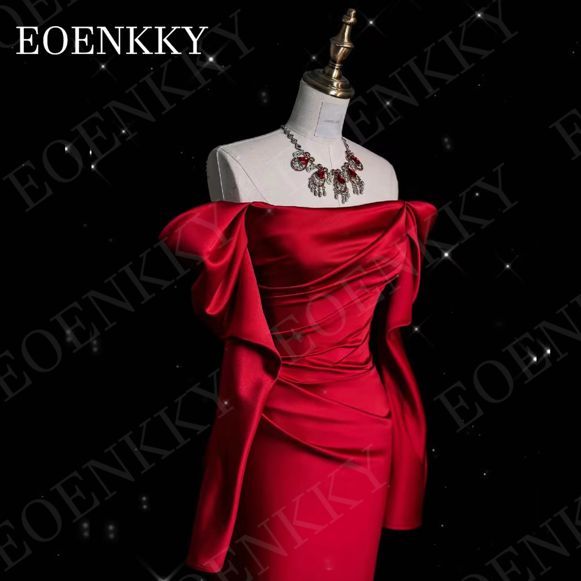 Long Sleeve Evening Dress Romantic Off Shoulder Satin Mermaid Celebrity Dress Party Sweep Train Burgundy Woman vestidos de noche