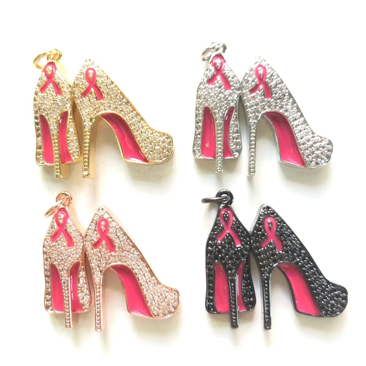 5pcs Pink Ribbon High Heel Shoes Charms Zirconia Pave Breast Cancer Awareness Pendants for Women Bracelet Necklace Making